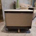 Curved Marble-Top SideTable with Woven Leather Sides, Open Shelf and Single Drawer